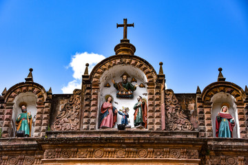 Fototapeta na wymiar Detail on the facade of the Cathedral of Cuzco in central Cuzco city, Peru.