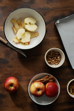 Raw ingredients cooking stuffing apple pie strudel top view