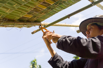 Naklejka premium female worker is thatching roof, concept about labor