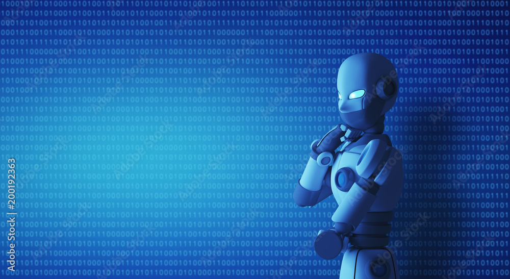 Poster robot standing and thinking in control room with a binary code , artificial intelligence in futurist
