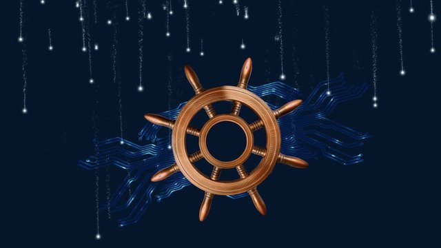 concept of the future travel: the old steering wheel rotates against the backdrop of a shimmering silhouette of the motherboard and meteor rain, on a black background for overlaying your composition.