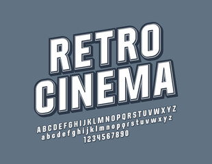 Vector beveled sign Retro Cinema. Stylish Font. Vintage design Alphabet Letters, Numbers and Symbols