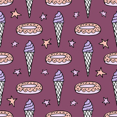 Lovely seamless pattern with hand-drawn donuts, ice cream, and stars.