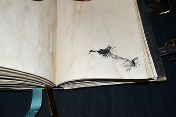 Handmade ancient-looking notebook  with a raven in a lower right corner