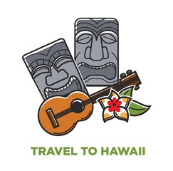 Travel to Hawaii poster with stone statues and acoustic guitar