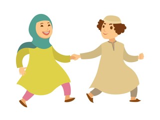 Saudi Arab Muslim couple or kids happy walking vector cartoon characters