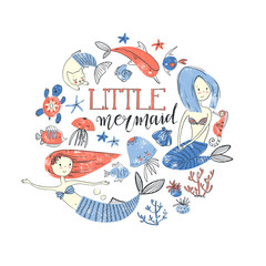 Round composition illustration with cute sea faurytail character