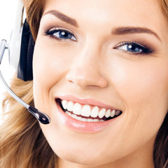 Support phone operator in headset, isolated