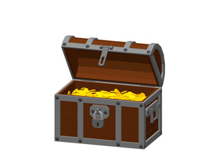 Wooden chest with golden coins. Isolated on white background.