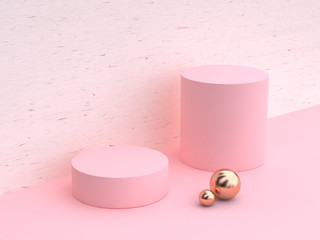 minimal abstract cylinder shape white wood pink wall scene  3d rendering