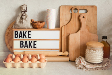 Fototapeta na wymiar Baking or cooking ingredients, kitchen items for baking cake