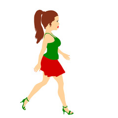 Walking woman. Isolated on white background. Vector illustration. Side view.