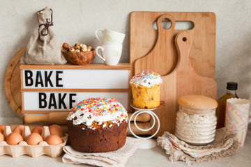 Baking or cooking ingredients, kitchen items for baking cake, Pastry making and bakery concept