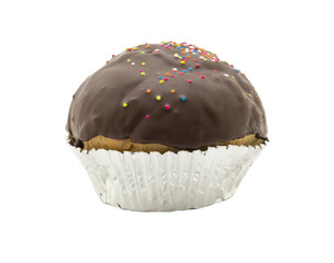 chocolate coated bun cupcake isolated on white background