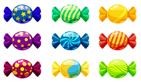 A set of sweet candies in a package of different colors, vector. Illustration of cartoon style, isolated