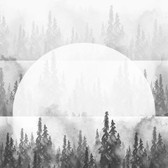 Watercolor group of trees - fir, pine, cedar, fir-tree. black, silhouette forest, landscape, forest landscape. black abstract splash of paint, mountain forest landscape. Art illustration,cover.
