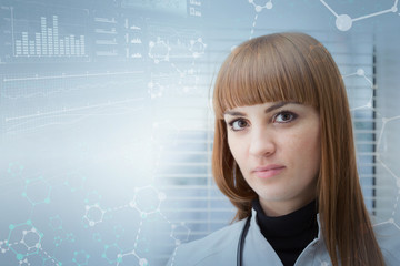 Innovative technologies in science and medicine. Beautiful female doctor against medical background with biological neural network