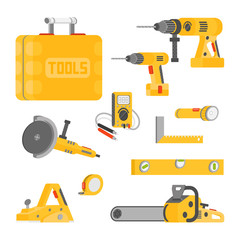 Yellow power tools - tool box, drill, hammer drill, chainsaw, electric plane, grinder, ammeter, spirit level, tape measure, flashlight in flat design