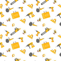 Seamless pattern - drill, hammer drill, chainsaw, electric plane, grinder, ammeter, tape measure, tool box on a white background