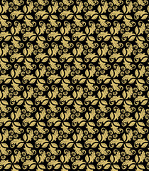 Floral vector black and golden ornament. Seamless abstract classic background with flowers. Pattern with repeating floral elements. Ornament for fabric, wallpaper and packaging