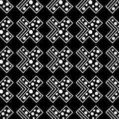 Seamless vector pattern. Black and white geometrical background with hand drawn decorative tribal elements. Print with ethnic, folk, traditional motifs. Graphic vector illustration.