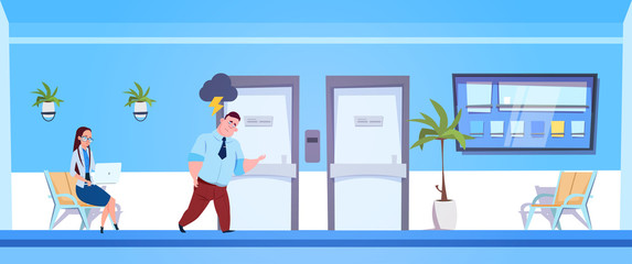 Depressed Man Waiting For Results In Hospital Hall Flat Vector Illustration
