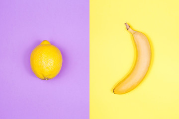 Creative layout of lemon and banana on bright background