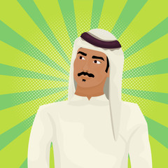 Arab Business Man In Traditional Clothes Looking Up Over Retro Comic Background Vector Illustration