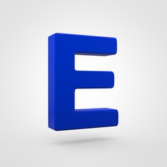 Plastic blue letter E uppercase isolated on white background.