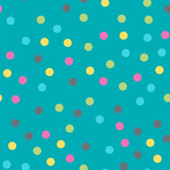 Colorful polka dots seamless pattern on bright 10 background. Attractive classic colorful polka dots textile pattern. Seamless scattered confetti fall chaotic decor. Abstract vector illustration.