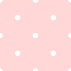 White polka dots seamless pattern on pink background. Bizarre classic white polka dots textile pattern in restrained colours. Seamless scattered confetti fall chaotic decor. Vector illustration.