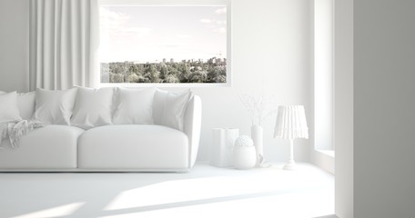 Fototapeta premium White room with sofa. Scandinavian interior design. 3D illustration