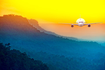 Fototapeta na wymiar Airplane flying over the mountains during sunrise