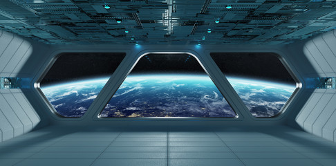 Spaceship futuristic grey blue interior with view on planet Earth © sdecoret