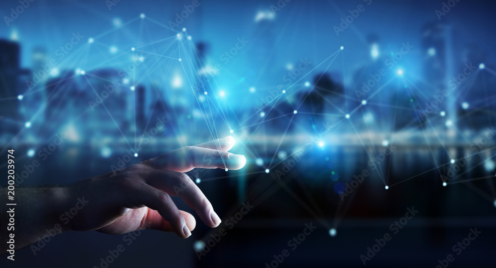 Poster businessman using futuristic connection interface 3d rendering