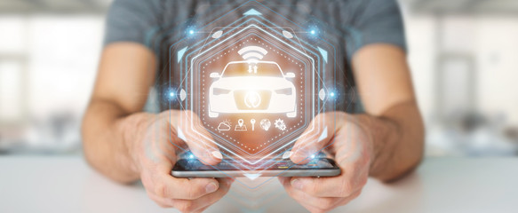 Businessman using modern smart car interface 3D rendering