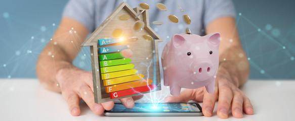 Businessman saving money with good energy chart rating 3D rendering