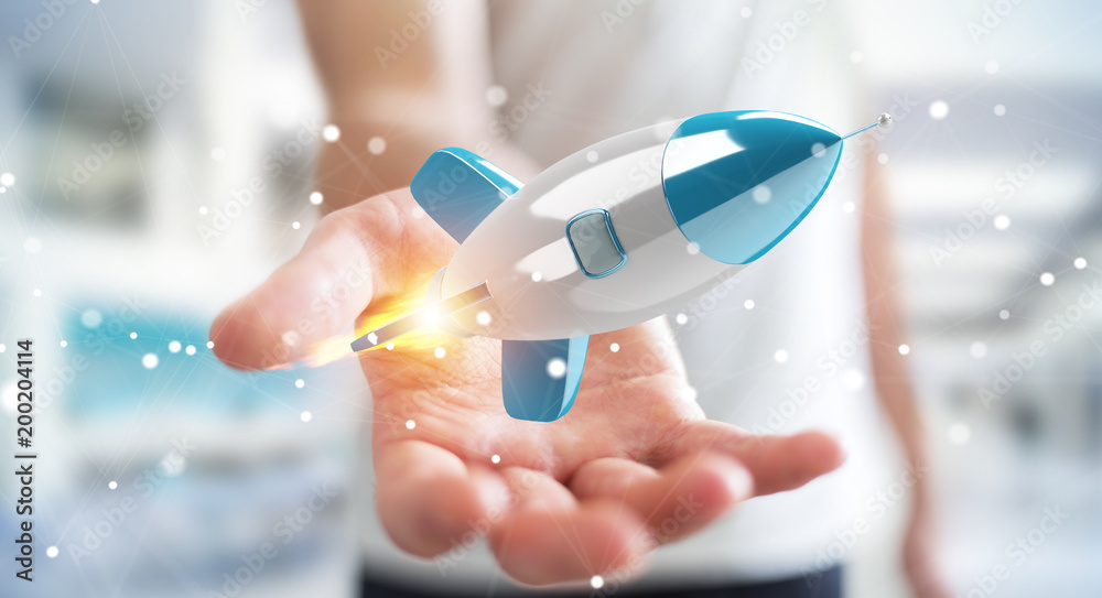Poster businessman holding and touching a rocket 3d rendering