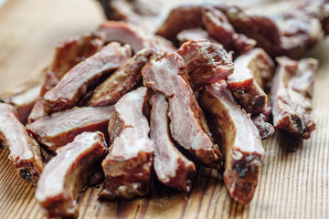 Raw pork ribs ,  on a wooden dinette