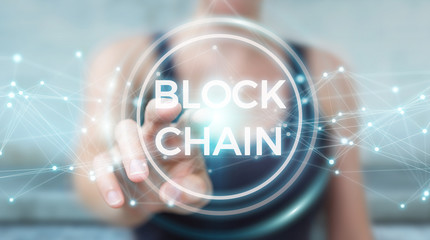 Businesswoman using blockchain cryptocurrency interface 3D rendering