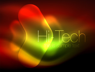 Blurred arrows in dark space. Neon pointers, glass glossy design, abstract shiny techno background, web banner