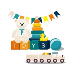 Clorful Kids toys. Teddy Bear, wooden toy train, pyramid and other	