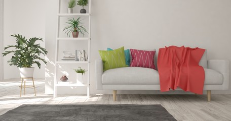 White miimalist room with sofa. Scandinavian interior design. 3D illustration