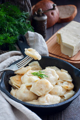 Fried dumplings with cabbage in a portioned cast-iron frying pan, selective focus