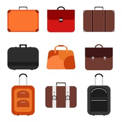 Handle bags and travel suitcases in flat style. Set of colored luggage and suitcase, baggage and bag for trip and tourism isolated on white background. Vector illustration
