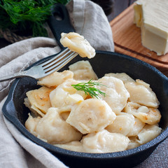 Fried dumplings with cabbage in a portioned cast-iron frying pan, selective focus