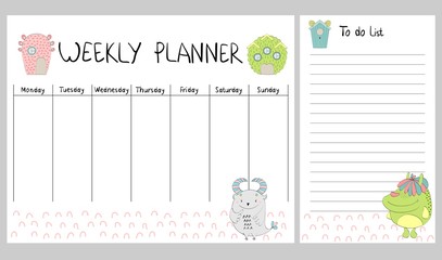 Hand drawing vector weekly planner with monsters.