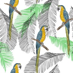 Tropische naadloze vector patroon met papegaai en bladeren.