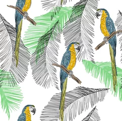 Afwasbaar Fotobehang Papegaai Tropische naadloze vector patroon met papegaai en bladeren.