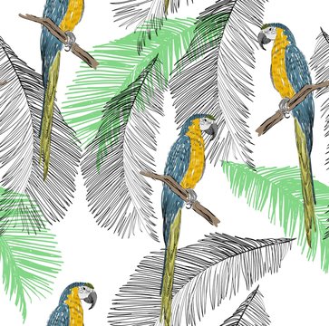 Tropical seamless vector pattern with parrot and leaves.